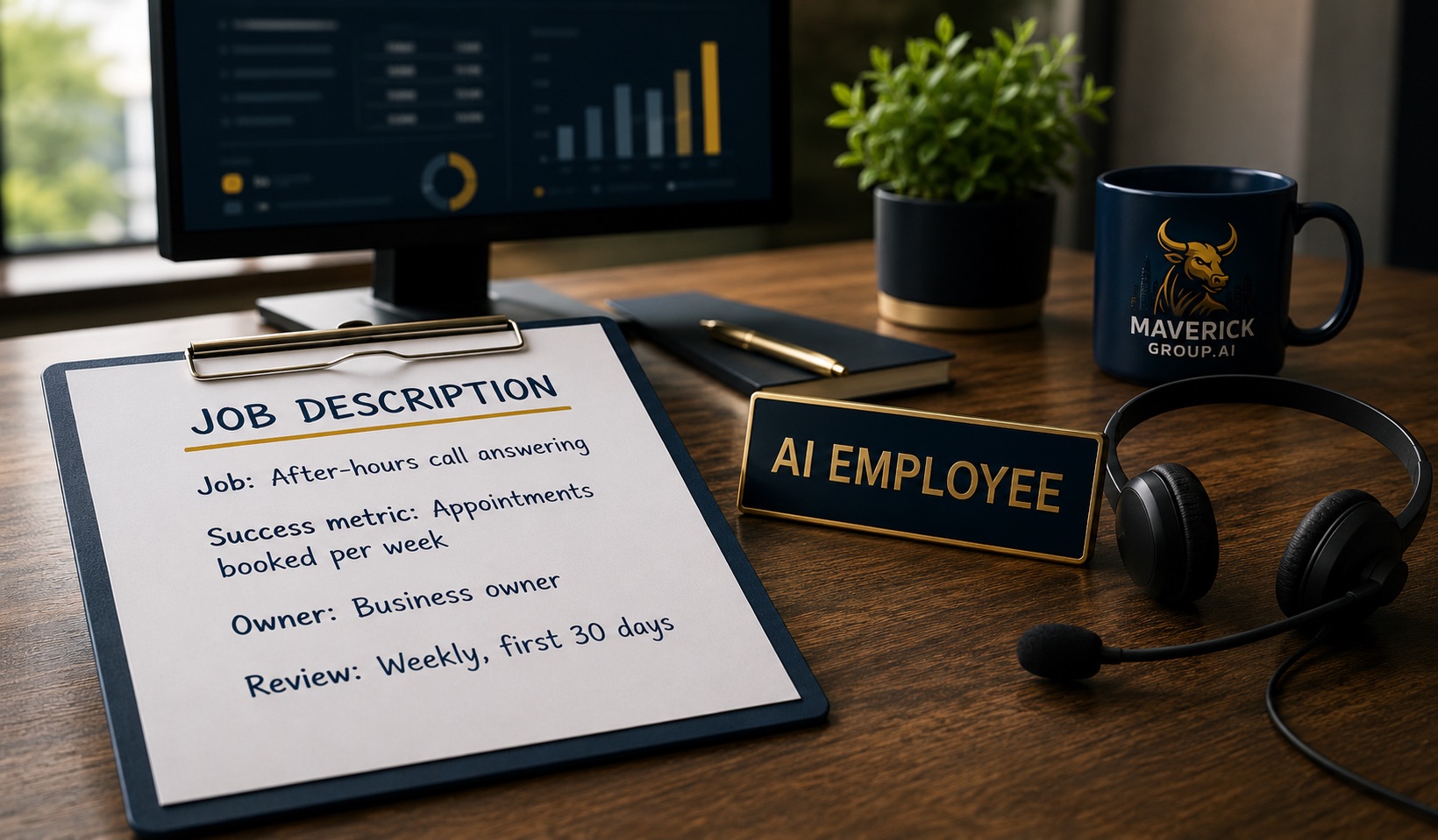 A handwritten job description on a clipboard beside an AI Employee name plate and a Maverick Group AI mug